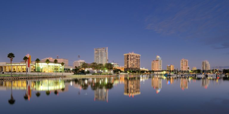The skyline of St. Petersburg, FL at night.